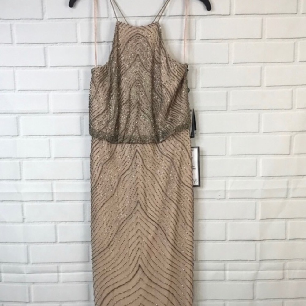 Adrianna Papell Halter Beaded Blouson Gown - Color: Taupe Pink - Size 8 - NEW